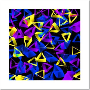 3D Purple Yellow BlueTriangles on Black Abstract Posters and Art